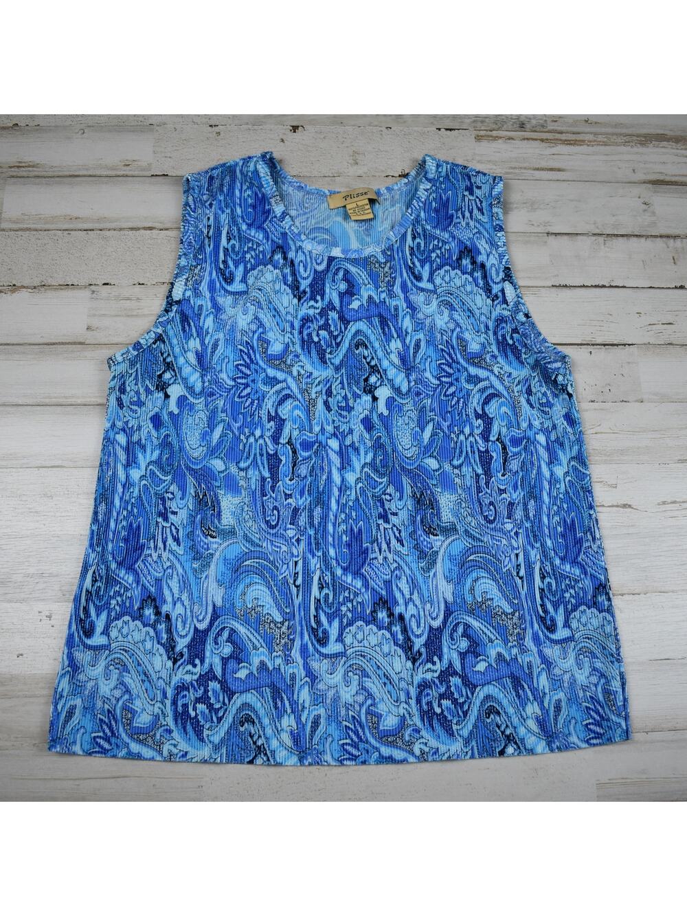 Vintage Plisse Pleated Tank Top Women's Large Blue Sleeveless Paisley 90s Boho L